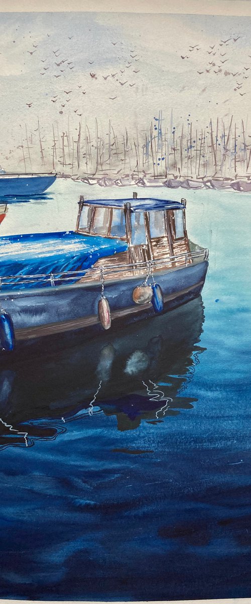 Boat in blue water by Valeria Golovenkina