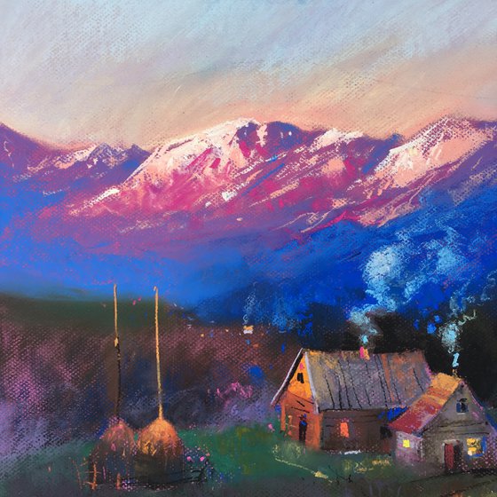 Ukrainian art Sunrise in the Carpathians Mountains. Soft pastel drawing 19.6x19.6 inch (50x50 cm)