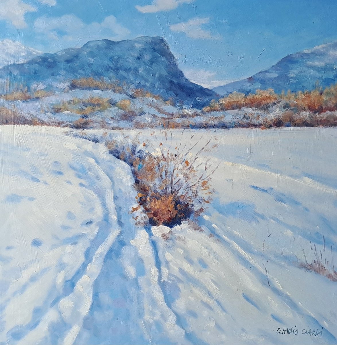 Impressionistic Landscape Oil Painting By Claudio Ciardi, 16 X 16, Snowy Landscape, Original Artwork