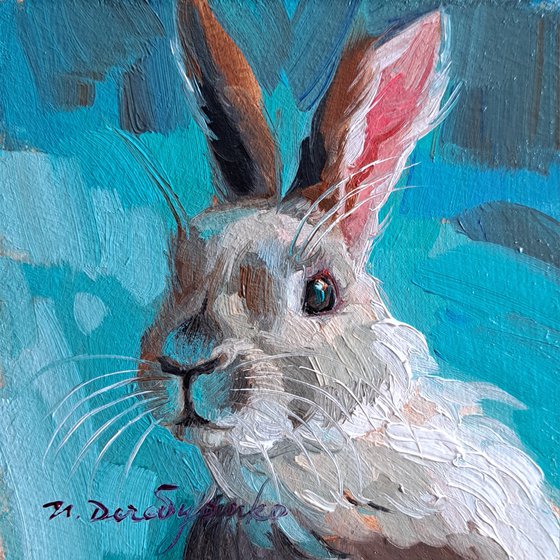 Bunny painting original oil framed 4x4 -