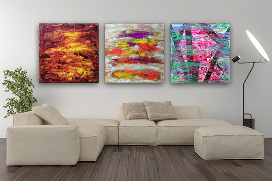 "Something For Everyone" - Save As Series - Original Large PMS Abstract Triptych Acrylic Paintings On Canvas - 90" x 30"