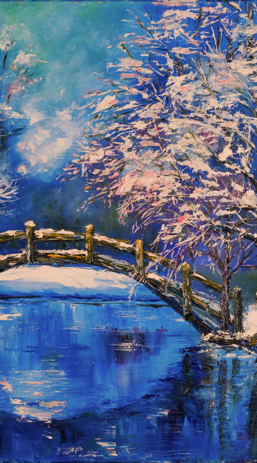ARTIST'S DREAM - River. Evening. The park. Bridge. Winter evening. Snowy forest. Snowfall. Trees. by Marina Skromova
