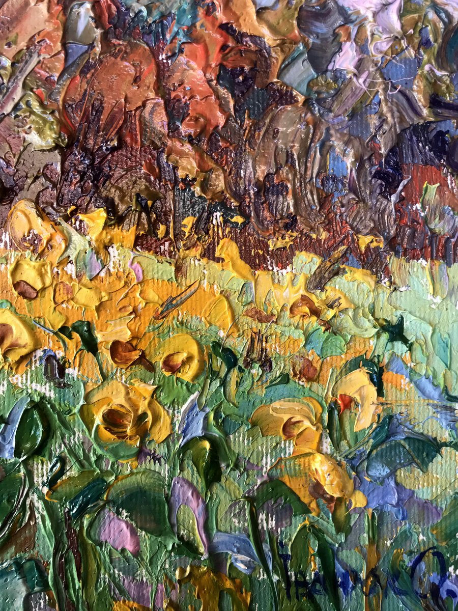 Impressionistic Landscape Oil Painting By Kalenyuk Alex, 10 X 8", Sunflower Field, Original Artwork