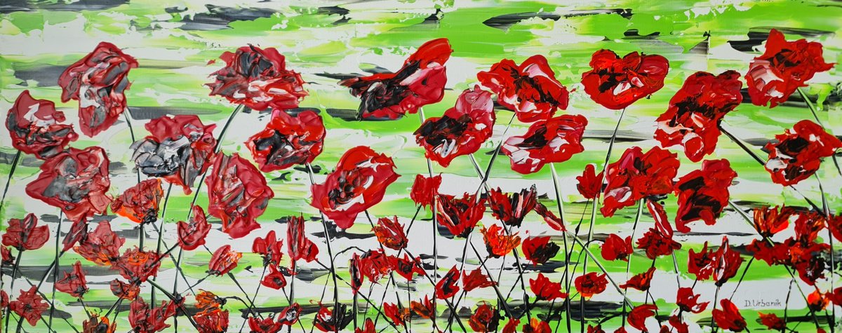 Impressionistic Botanical Acrylic Painting By Daniel Urbani?k, 39 X 16, Red Poppies, Original Artwork