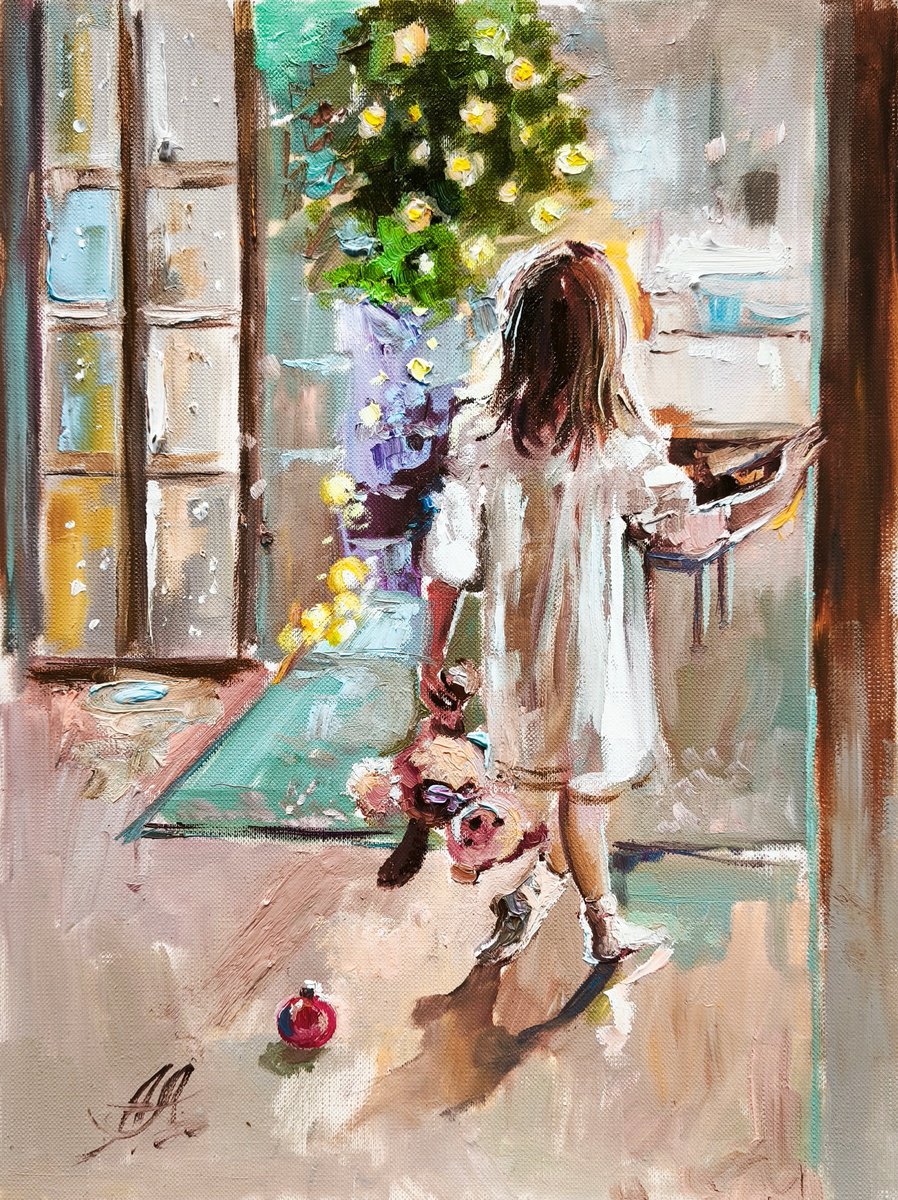 Christmas painting with girl by Annet Loginova