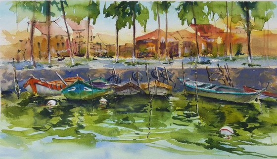 Watercolor landscape with fishing boats. "Seafront in Hoi An. Vietnam"