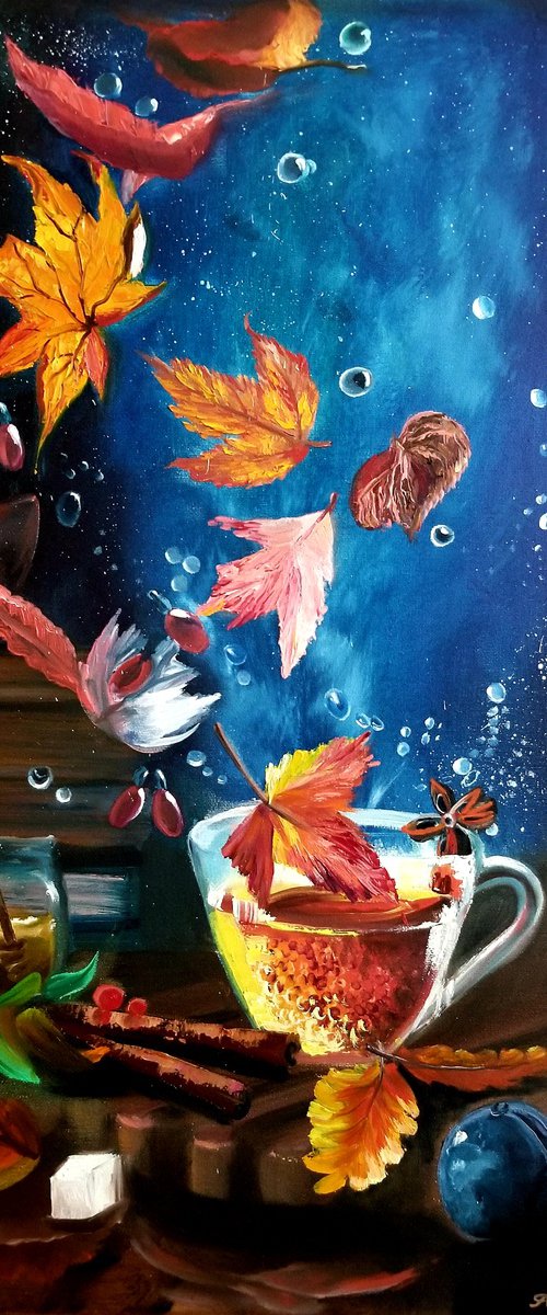 Still Life with a Cup of Tea and Falling Leaves. Original Oil Painting on Canvas. Christmas gift. New Year gift. 18" x 24". 45.7 x 60.96 cm. 2022. by Alexandra Tomorskaya/Caramel Art Gallery