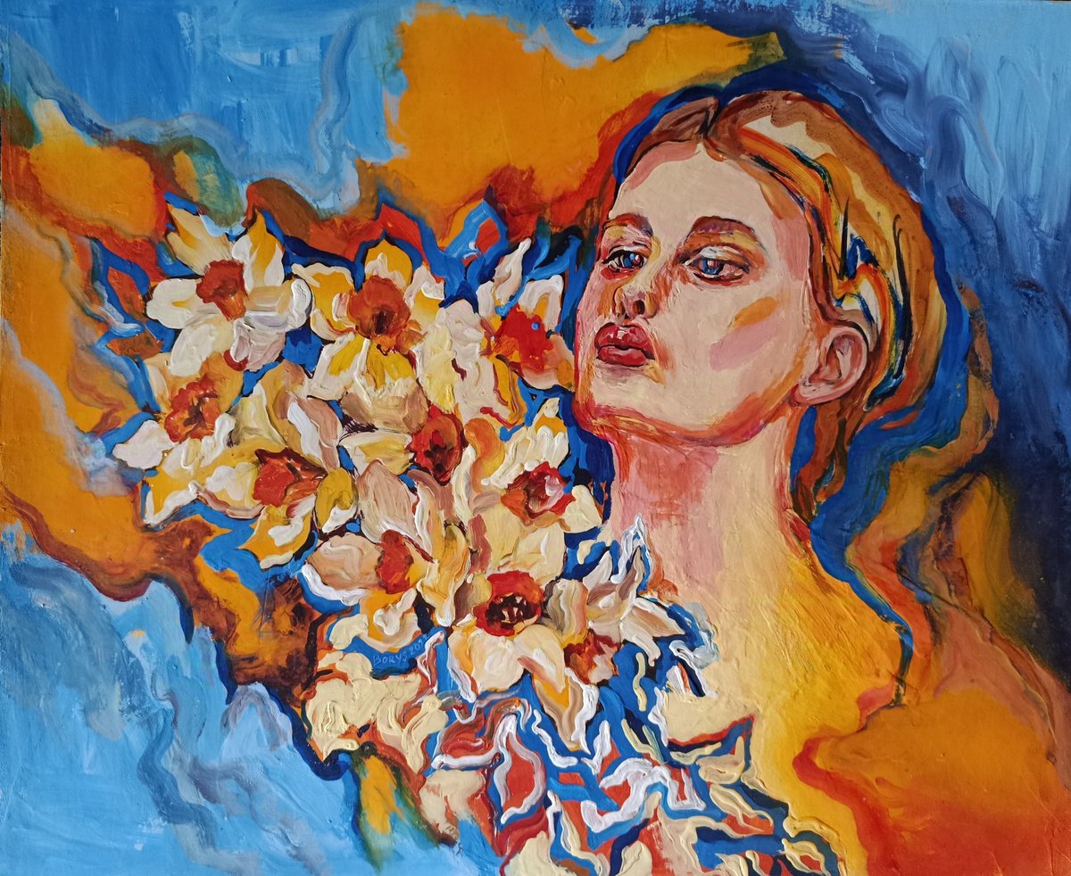 Expressive Portrait Acrylic Painting By Tetiana Borys, 22 X 18", Woman In Daffodils, Original Artwork