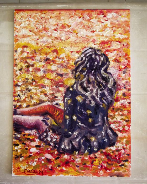 AUTUMN GIRL - Thick oil painting - 29.5x42 cm