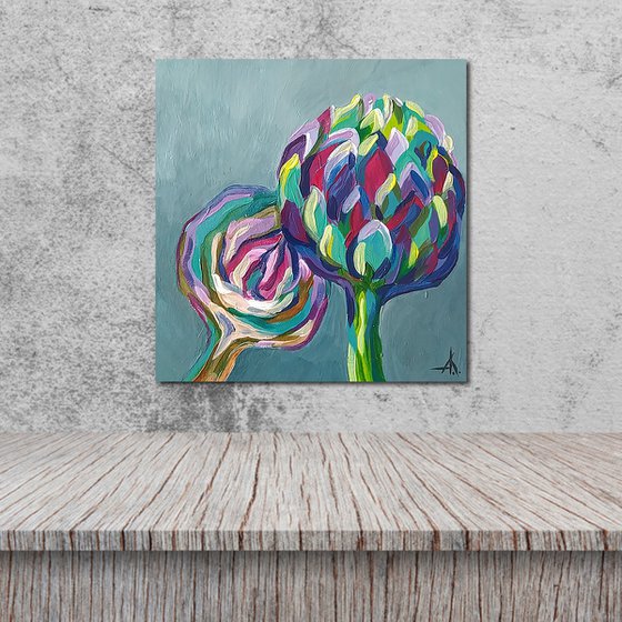Аrtichoke - acrylic, plant, small painting, acrylic painting, artichoke flowers
