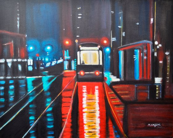 Wet Tram rainy Landscape on canvas