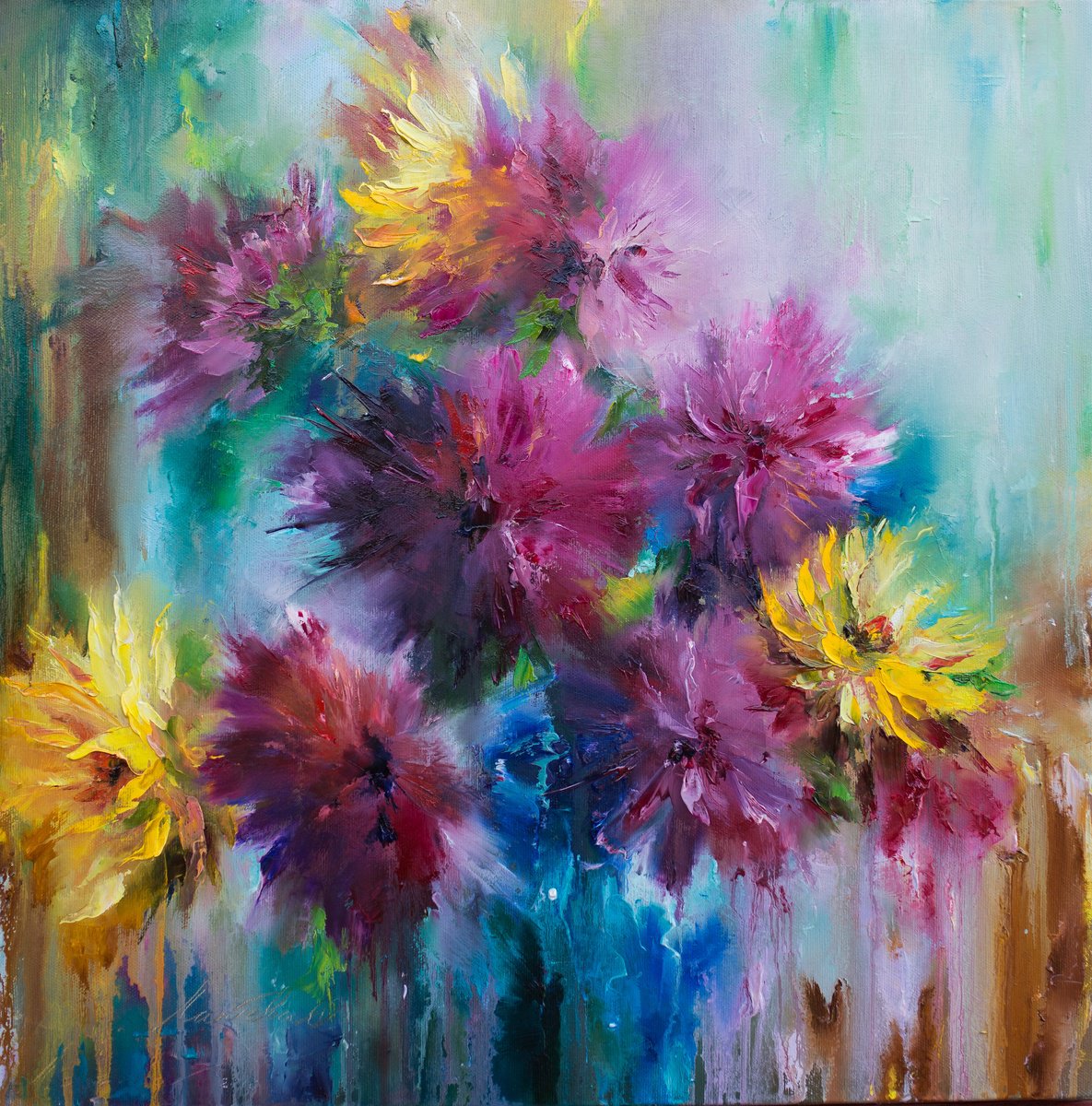 Abstract Botanical Oil Painting By Olha Laptieva, 20 X 20", Bright Fireworks, Original Artwork