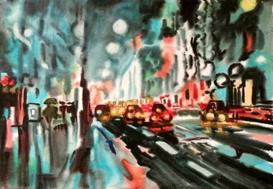 Night lights, watercolor painting 98x68 cm