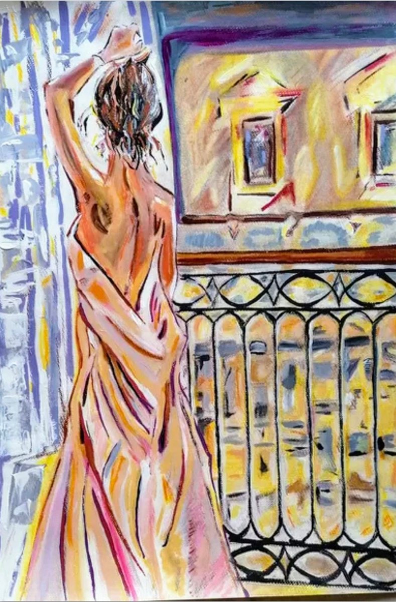 Impressionistic Portrait Acrylic Painting By Sanja Jancic, 20 X 28", View From The Balcony #1, Original Artwork