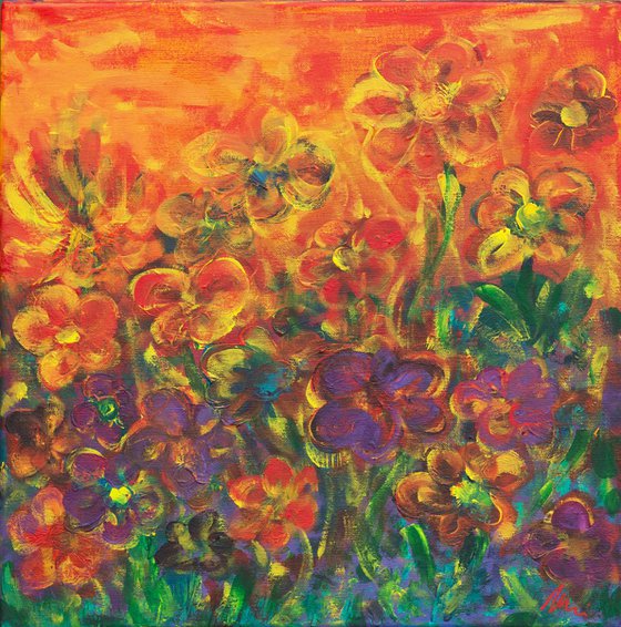 Flower garden at sunset - Acrylic floral painting