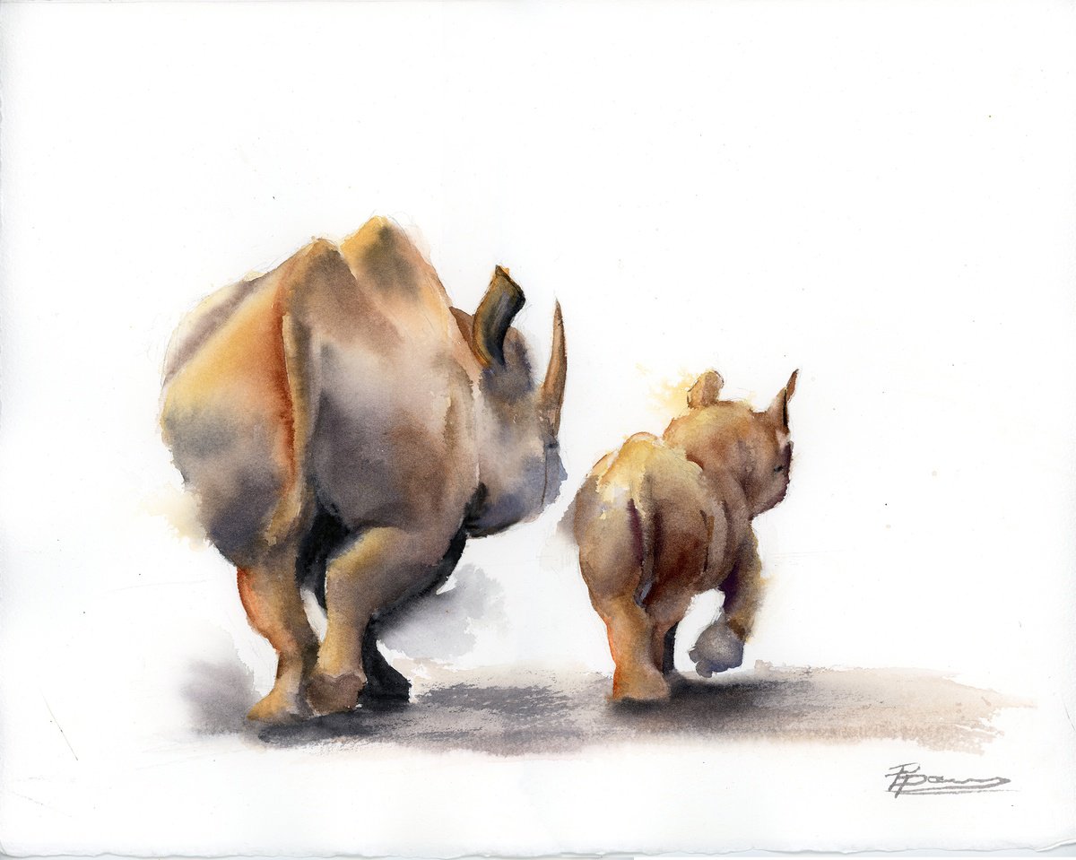 Expressive Animal Watercolour By Olga Tchefranov (Shefranov), 15 X 12", Gentle Giants: A Walk Together, Original Artwork