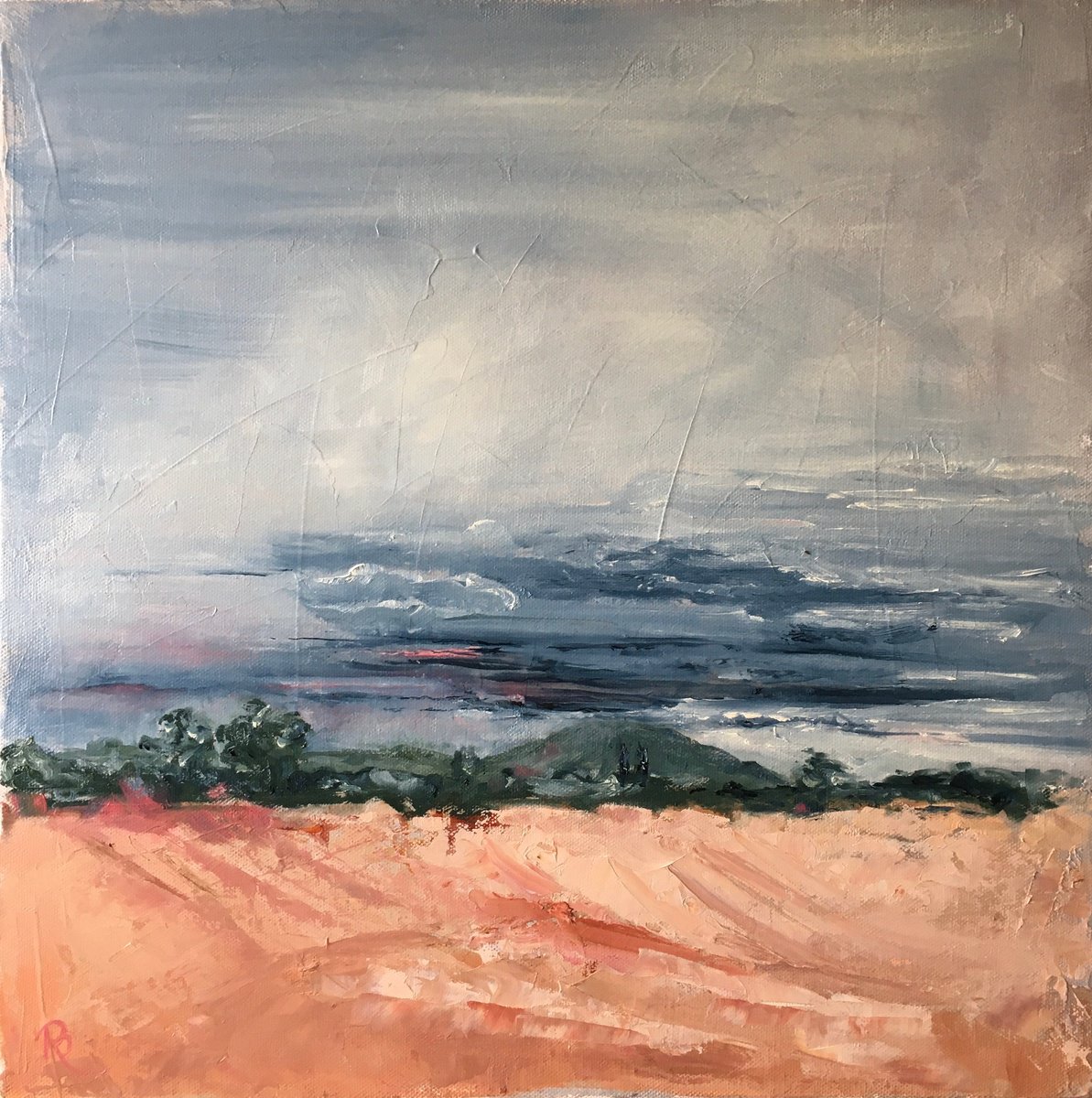 Expressive Landscape Oil Painting By Rebecca Pells, 16 X 16", Dusk Whispers Over The Wrekin, Original Artwork