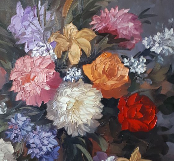 Still life flowers, 100x80cm, oil apinting, palette knife, large oil painting, floral art