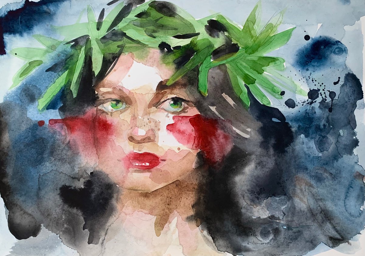 Organic Portrait Watercolour By Belyaeva Oleksandra, 14 X 10, Girl With A Wreath, Original Artwork