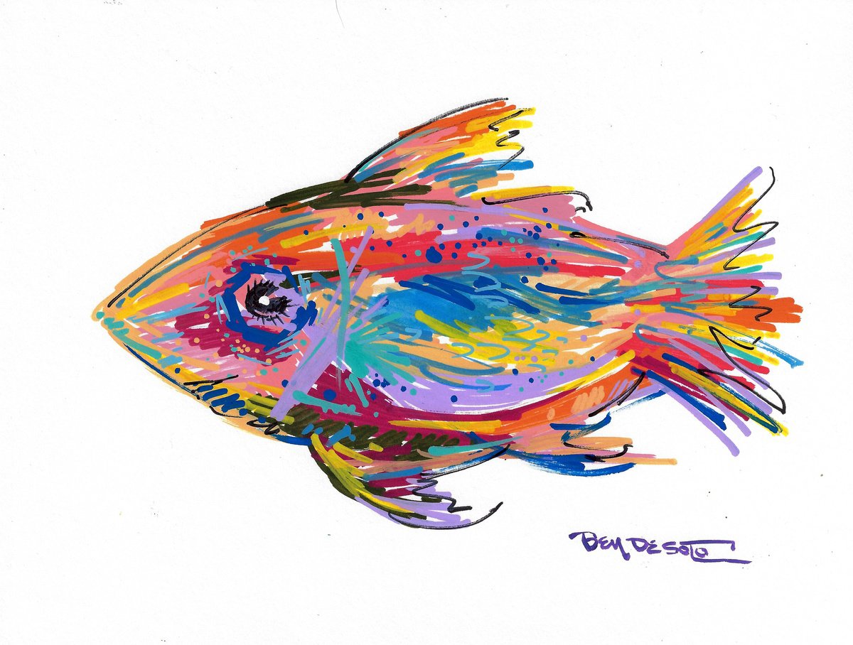 Animal Acrylic Painting By Ben De Soto, 12 X 9, Fish, Original Artwork