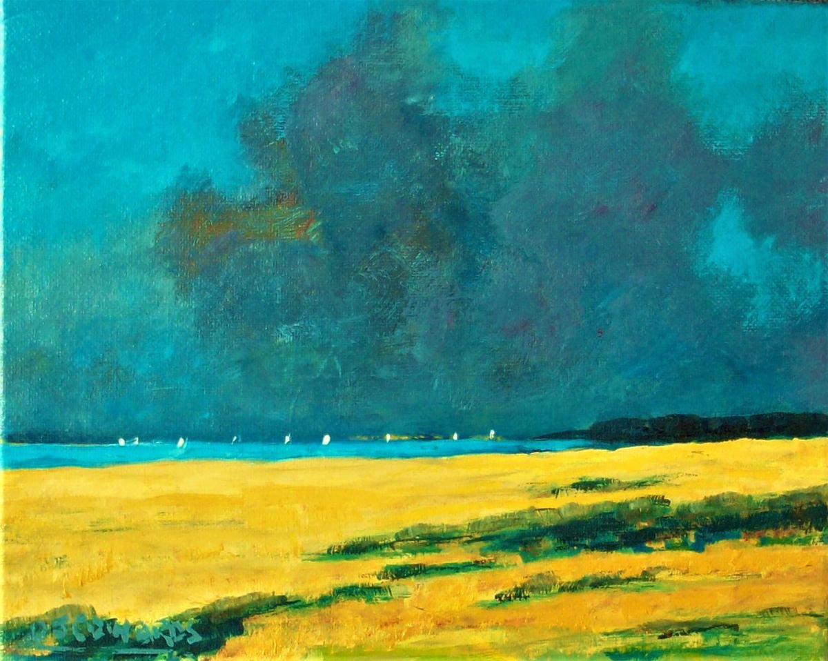 Impressionistic Landscape Acrylic Painting By David J Edwards, 10 X 8, Summer Squall, Suffolk Coast, Original Artwork