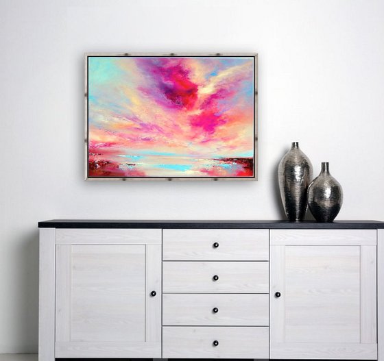 "Skies Ode" pink, gold, blue abstract painting, 73cm x 54cm