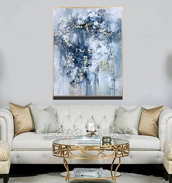 Looking Beyond - Abstract White Grey Painting Large Canvas, Gold Leaf, Minimalist Painting