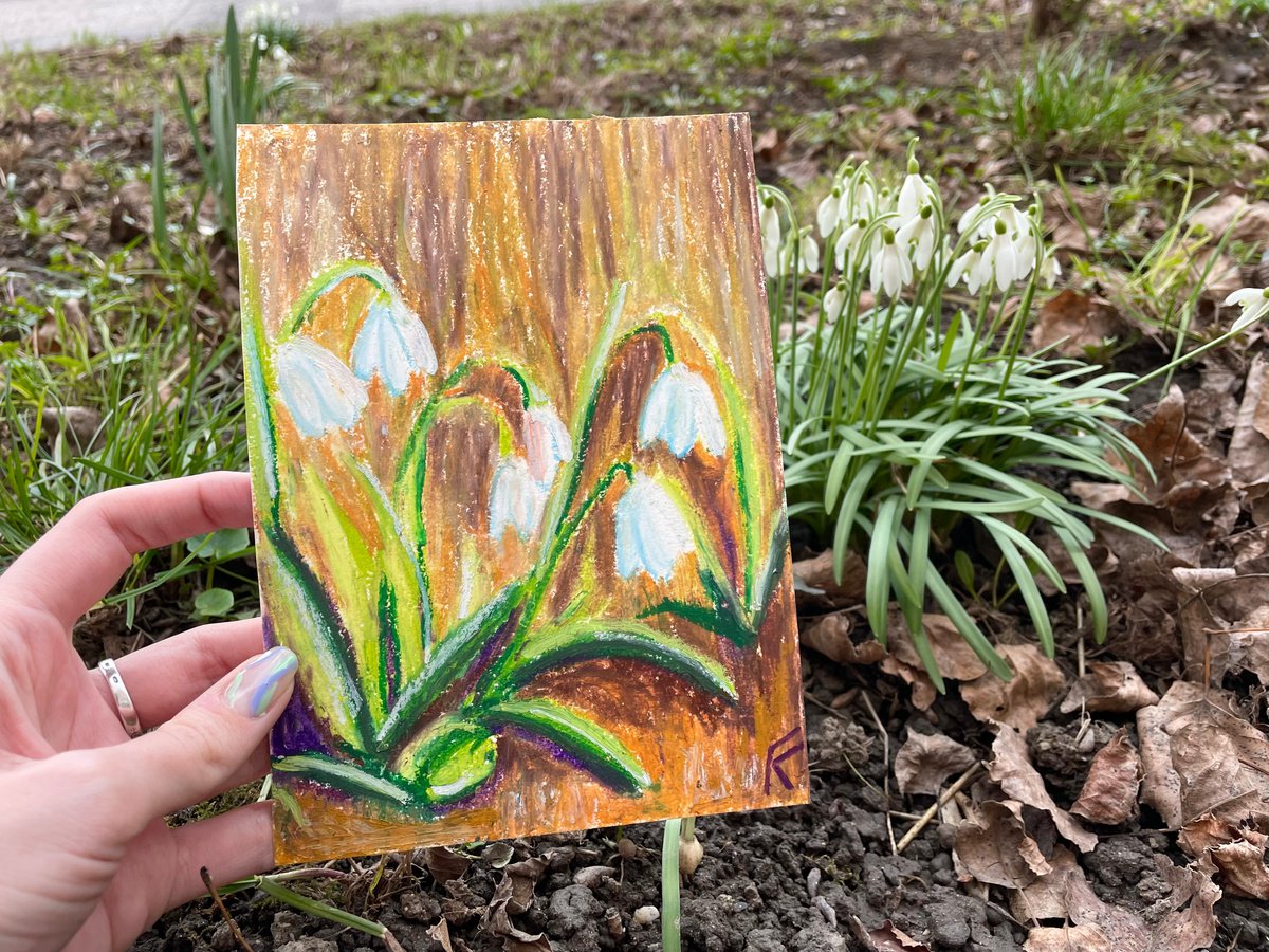 Snowdrops Original Oil Pastel Painting, Flower Hand Painted Card, Gifts for Her by Kate Grishakova