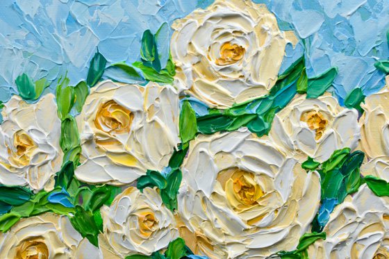 White Roses - Heavy Impasto Floral Painting, Palette Knife Art