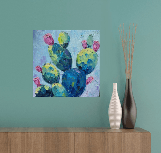 Blue Cactus with Pink Flowers