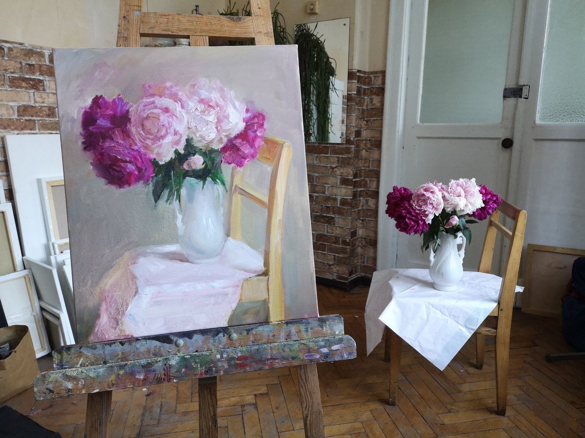 Expressive Botanical Oil Painting By Olga Samar, 20 X 24", White And Pink Peonies, Original Artwork