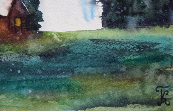 Waterfall landscape original watercolor painting, woodland house art