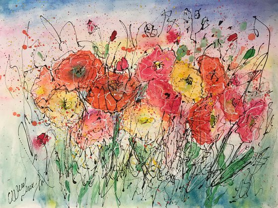 Poppies Abstract 12"x9" by OLena Art