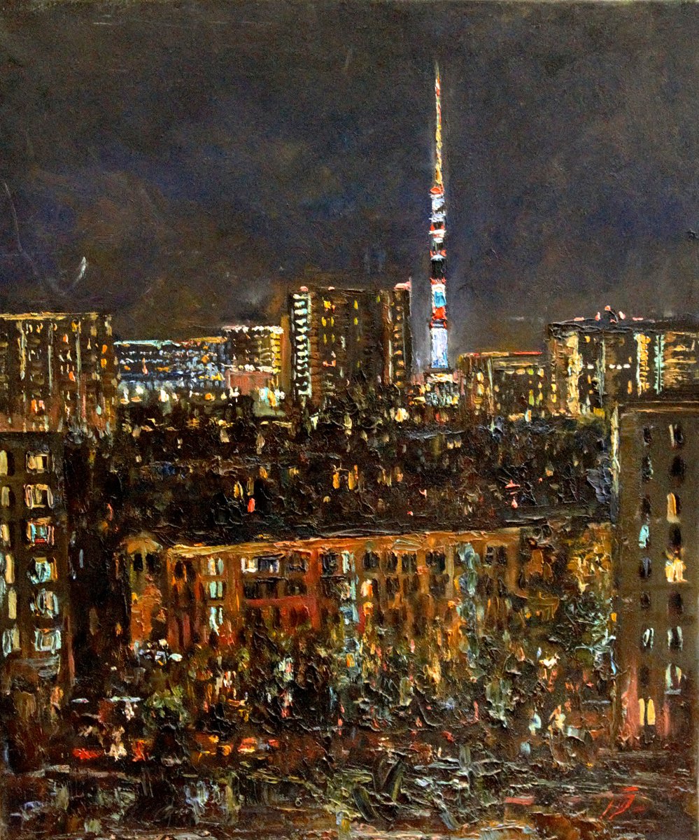 Moscow TV tower. Contemporary art oil painting by Dmitry Revyakin