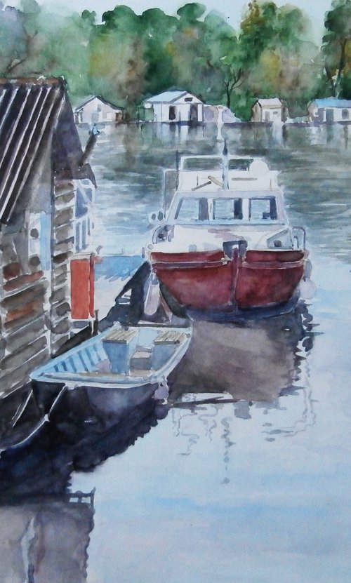 BOATS ON THE RIVER / 43 x 30.5 cm by Zoran Mihajlović Muza