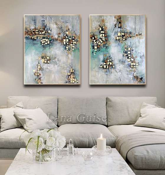 Somewhere New - 64" x 32" Abstract Painting, Set of Two Paintings, Multi Panel Abstract, ORIGINAL Painting, Gold Leaf Painting, Black and Gold, Large Art