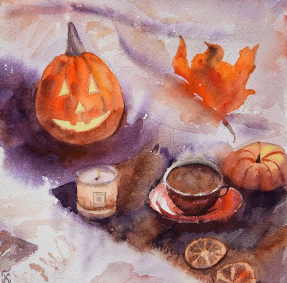 Halloween watercolour painting with pumpkin and coffee, autumn aesthetic wall art