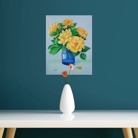Yellow roses in a blue vase... /  ORIGINAL PAINTING