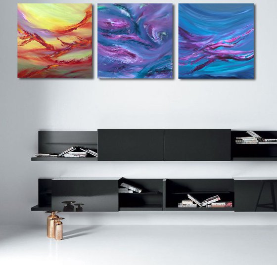 Revolving time, Full Series  - Triptych n° 3 Paintings, Deep edges, Original abstract, oil on canvas