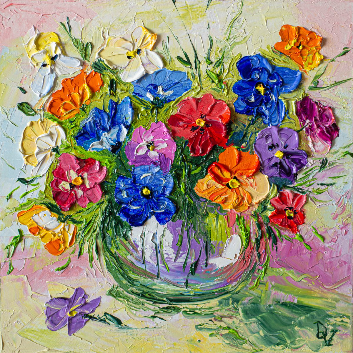 Impressionistic Botanical Oil Painting By Vladyslav Durniev, 12 X 12", Pansy Flowers, Original Artwork