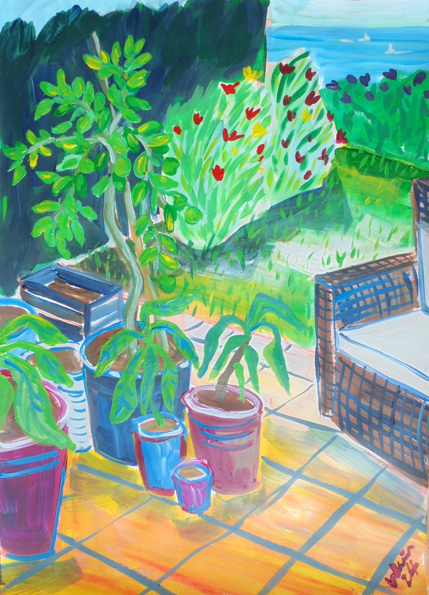 Patio with Garden & Sea Vista by Kirsty Wain