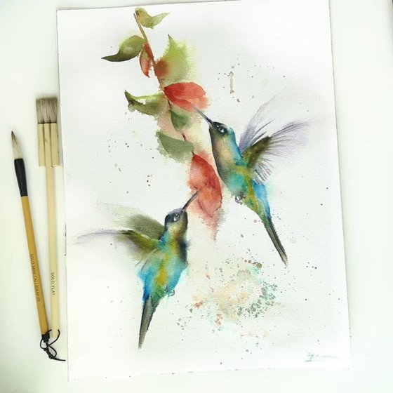 Hummingbirds And Flower -  Diptych