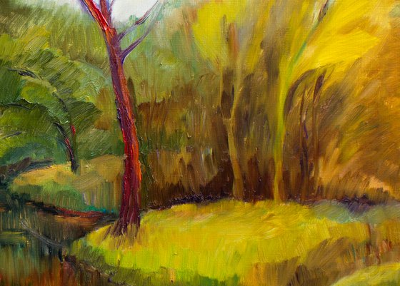 AUTUMN LAKE AFTER RAIN - impressive bright colored landscape with yellow trees living room decor