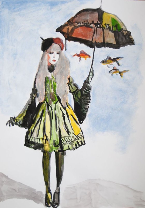 Girl, umbrella  and goldfish  / 70 x 49.5 cm