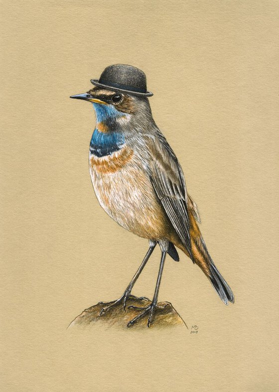 Original pastel drawing bird "Bluethroat"