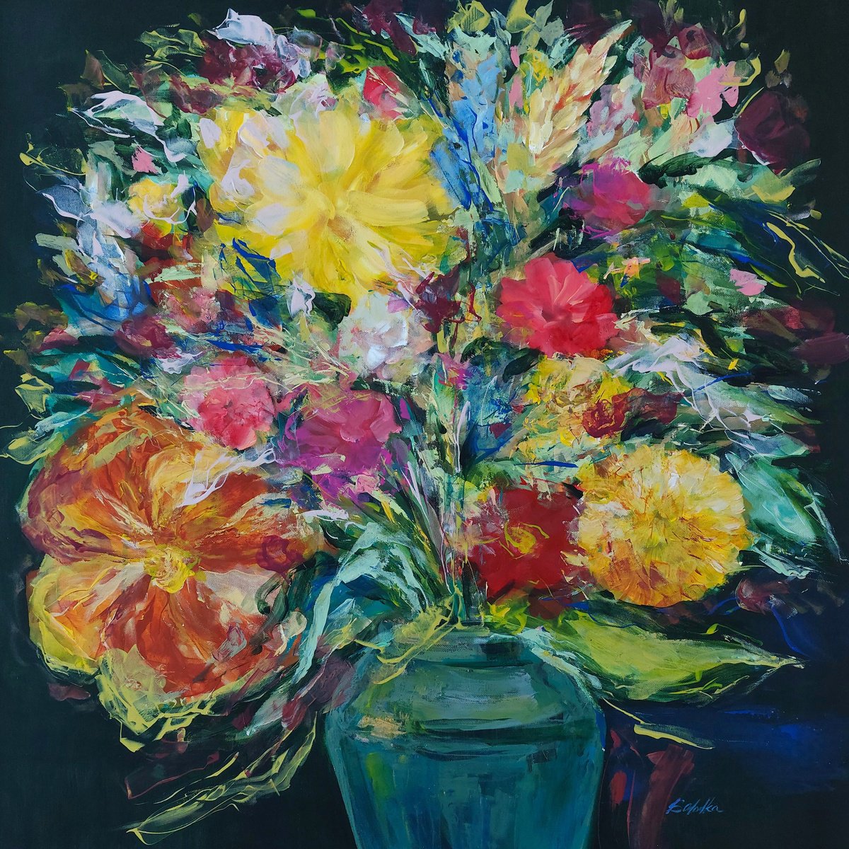 Impressionistic Botanical Acrylic Painting By Katia Solodka, 28 X 28", Flowers In Vase 1, Original Artwork