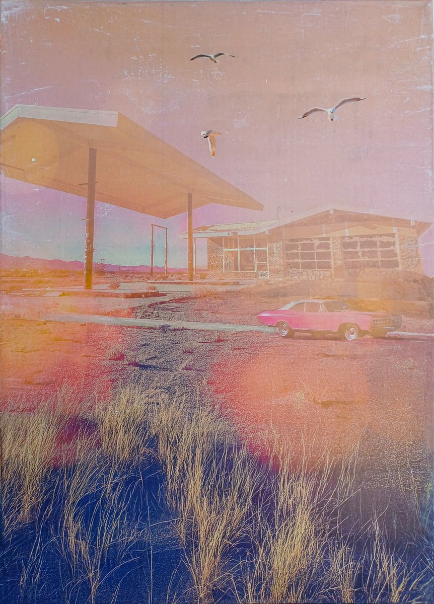 Surrealistic Landscape Collage By Db Waterman, 20 X 28, Drive Into Oblivion, Original Artwork