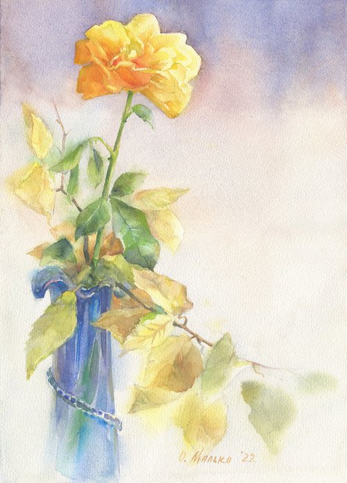 Last chords. Yellow / ORIGINAL watercolor ~11x15in (28x37,5cm). Yellow rose. Autumn bouquet by Olha Malko
