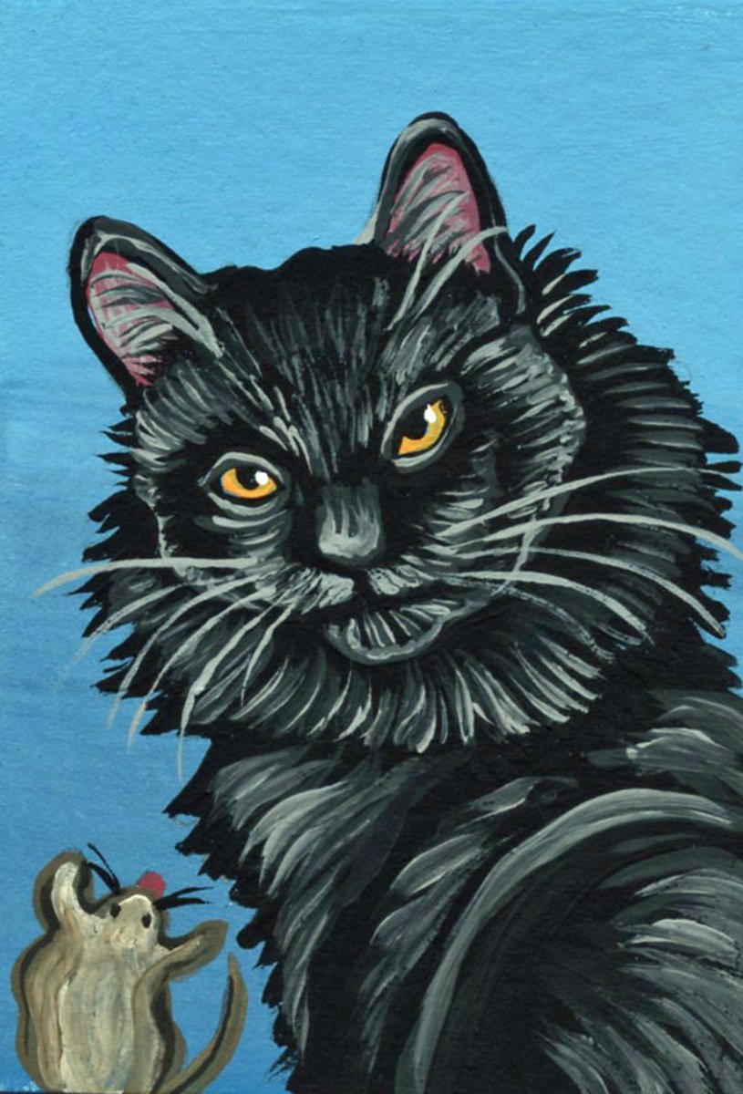 ACEO ATC Original Miniature Painting Black Pet Cat and Mouse Art-Carla Smale by carla smale