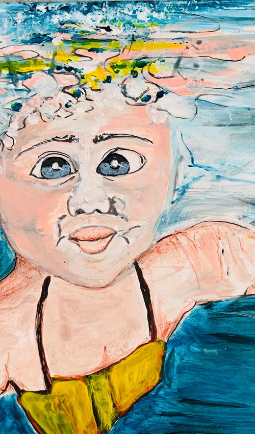 Underwater Painting of Baby Swimming for Home Decor, Child Portrait Art Decor, Artfinder Gift Ideas by Kumi Muttu
